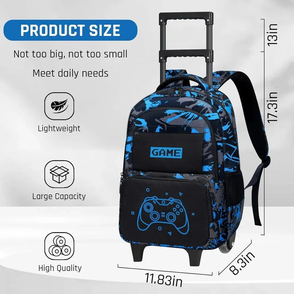 Boys Rolling Backpack for Kids Gamer Roller School Bookbag Aged 6-18
